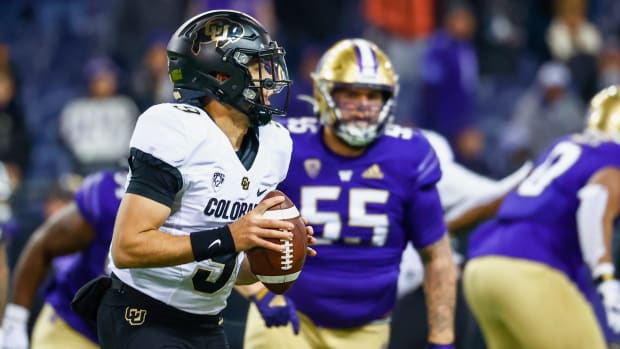 Nov 19, 2022; Seattle, Washington, USA; Colorado Buffaloes quarterback Drew Carter (9) looks to pass against the Washington Huskies during the fourth quarter at Alaska Airlines Field at Husky Stadium. Mandatory Credit: Joe Nicholson-USA TODAY Sports